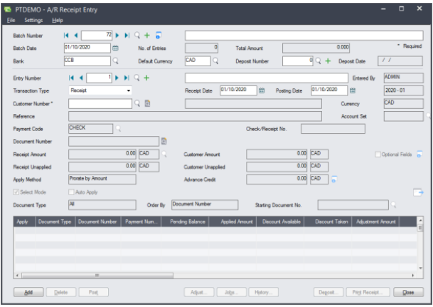 Sage A/R Receipt Entry Screen