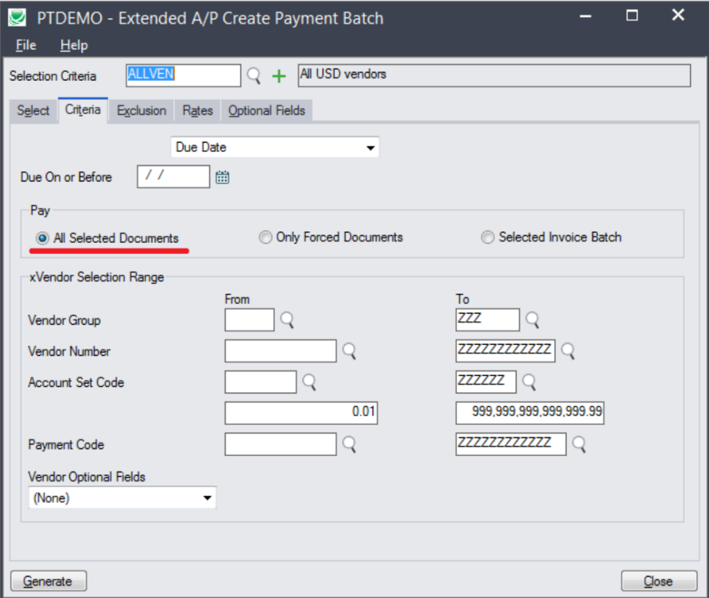 extended a/p payment batch Screen