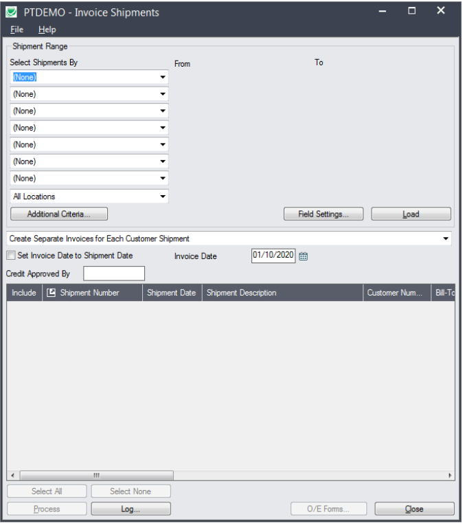 invoice shipment screen