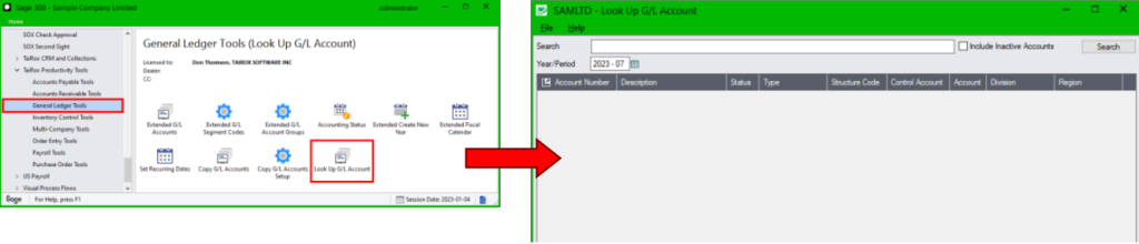Look Up G/L Account is located under the general ledger tools module