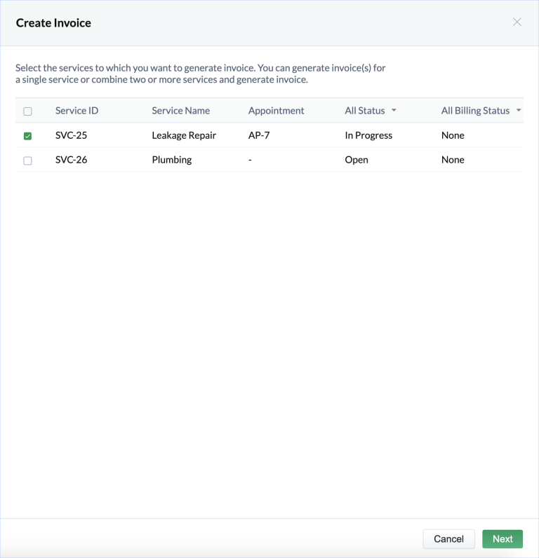 Select service line items you want to create
