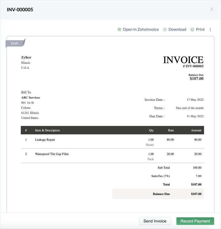 Click invoice number to open the draft and create send it