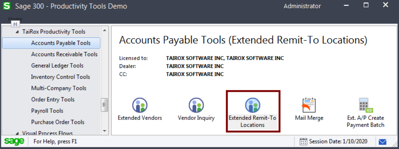 extended remit locations is located in the accounts payable tool on the Sage 300 desktop