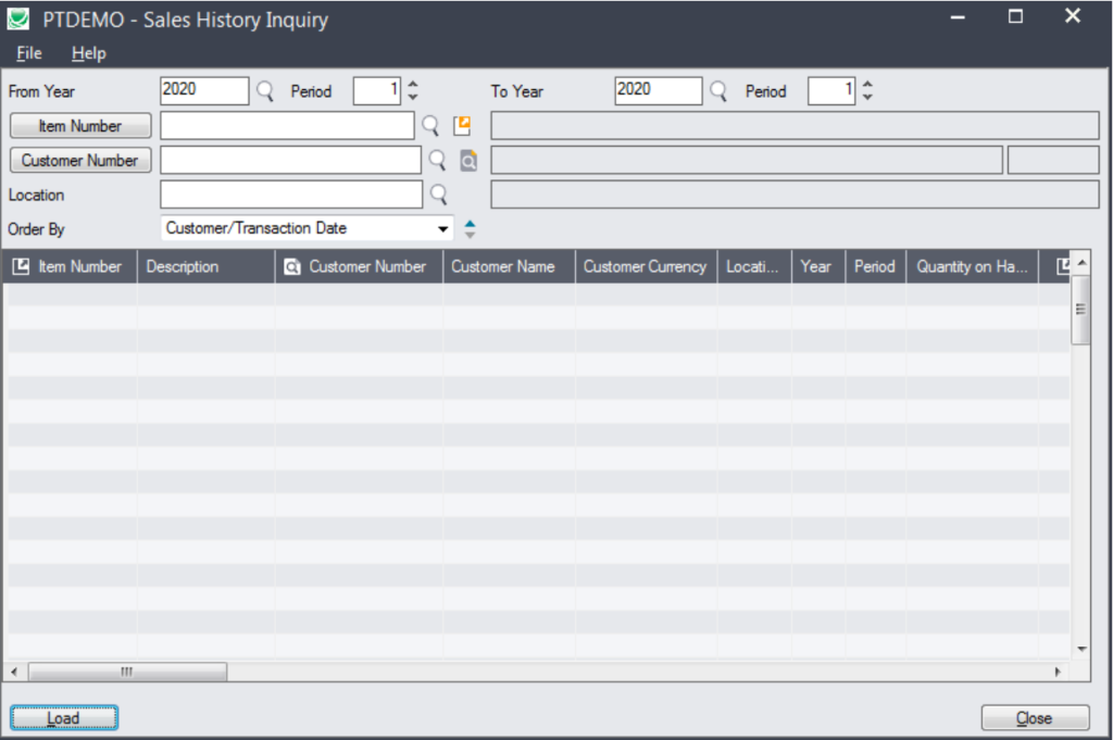 Sales history inquiry screen