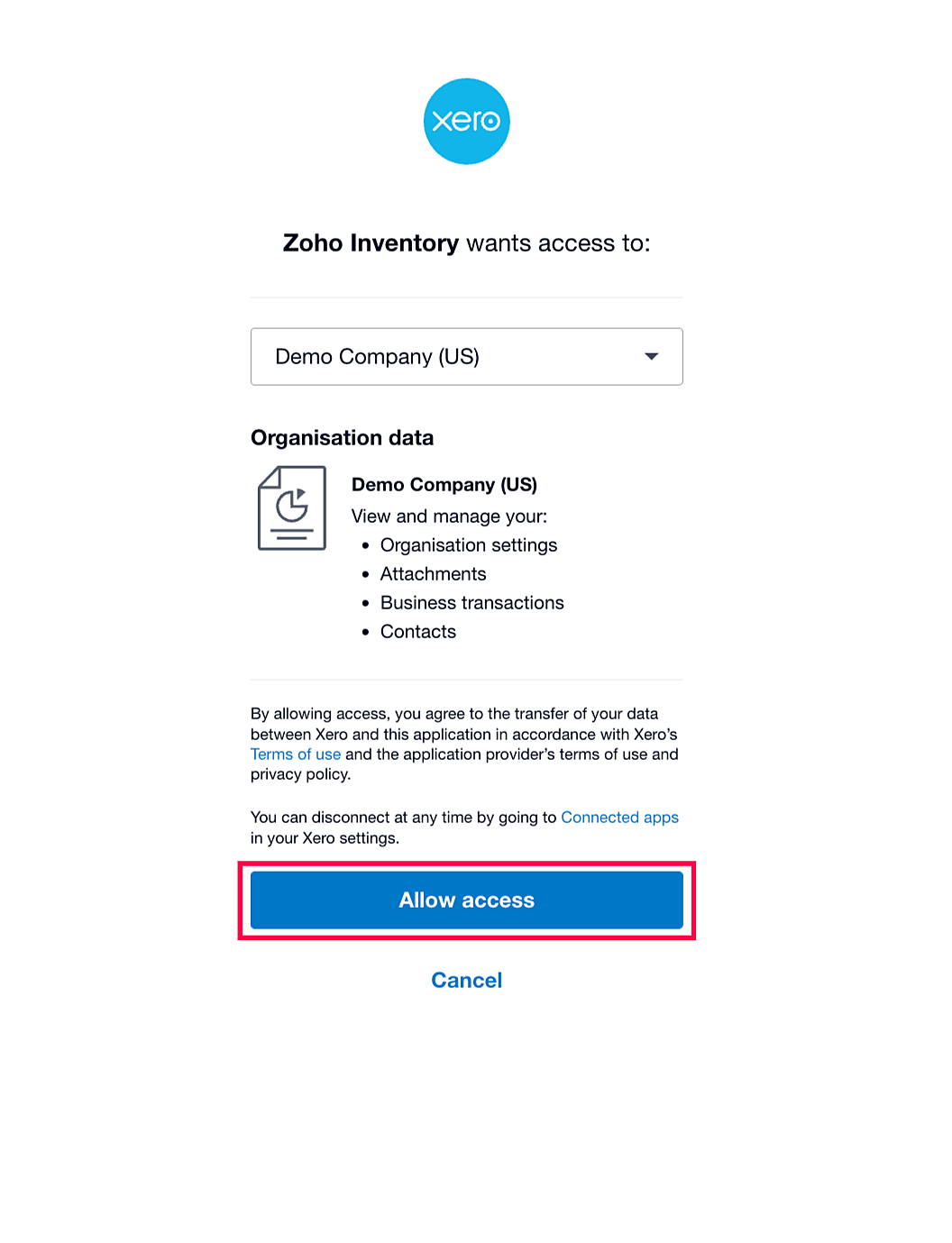 click allow access in xero integration.