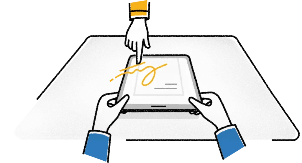 Signing on a ipad over a meeting table.