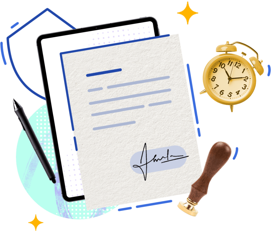 Assortment of objects: alarm clock, stamp, document with signature.