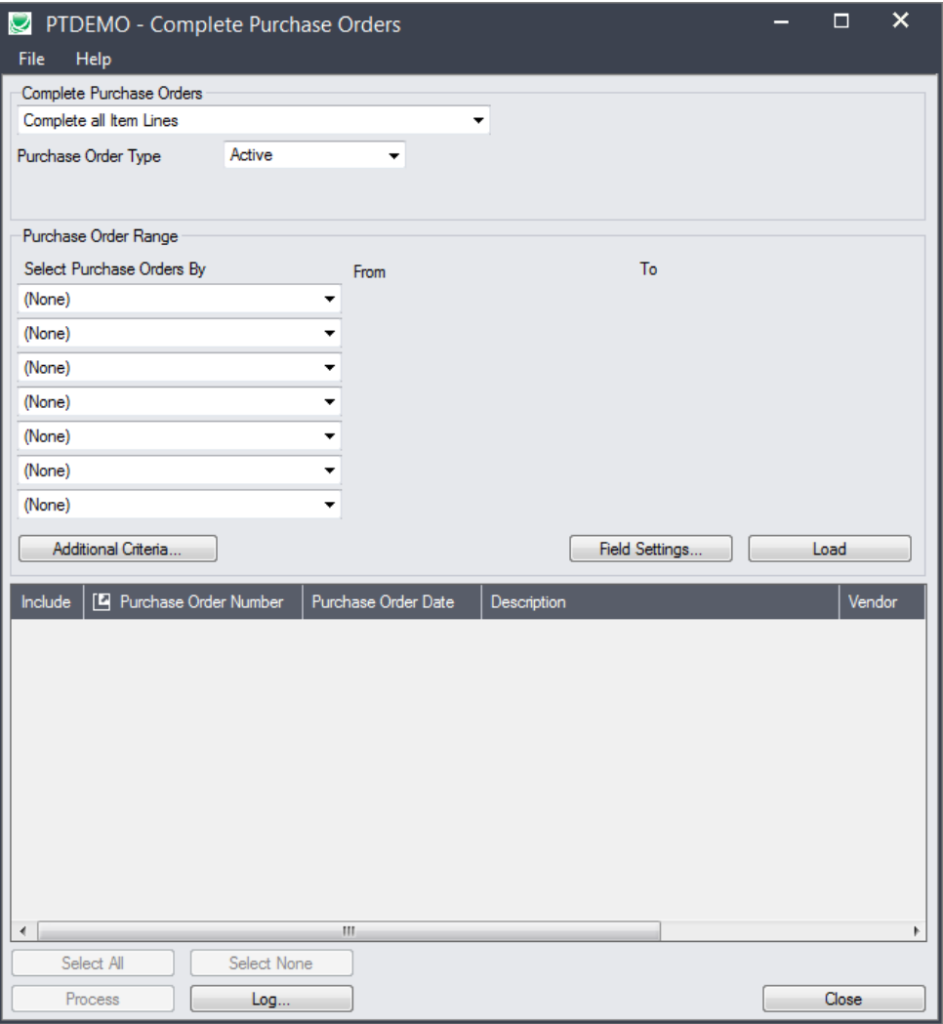 complete purchase order screen
