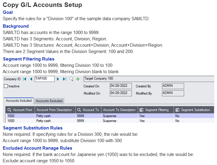 copy g/l accounts setup screen