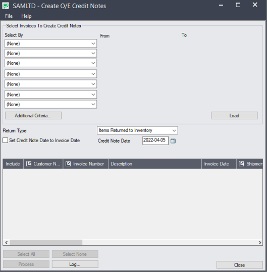 create oe credit notes screen
