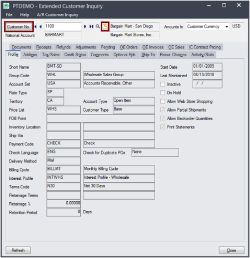 Tairox extended customer inquiry screen