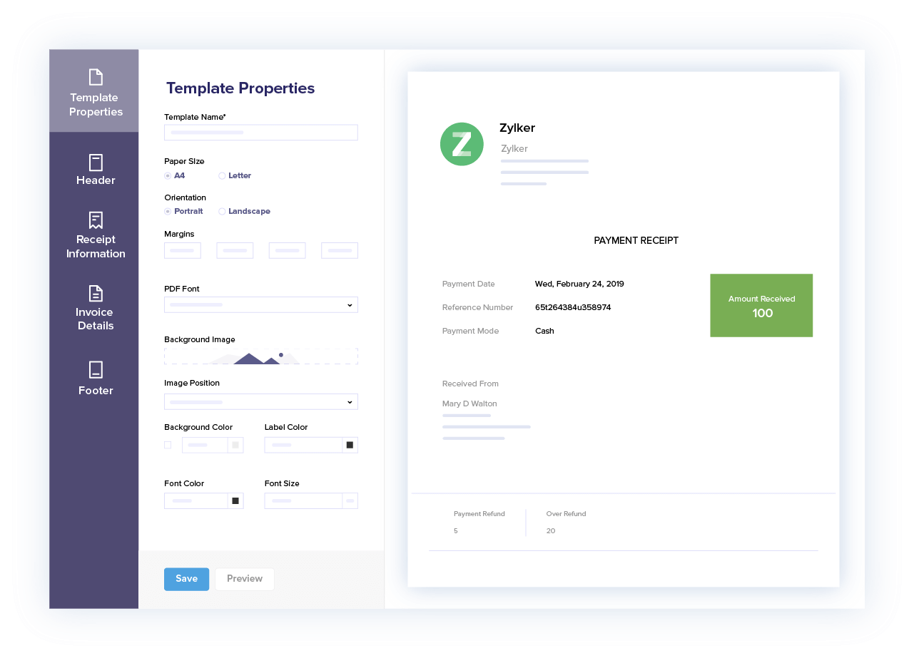 Zoho Books enabling personalized receipts
