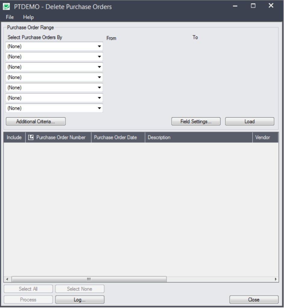 delete purchase orders screen