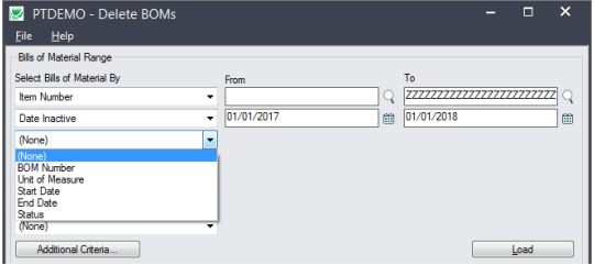 Choose ranges for BOM -deletion process
