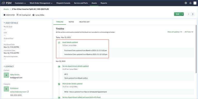 timeline in the Assets (Parent) module as well as its related module, Contacts get updated with the change