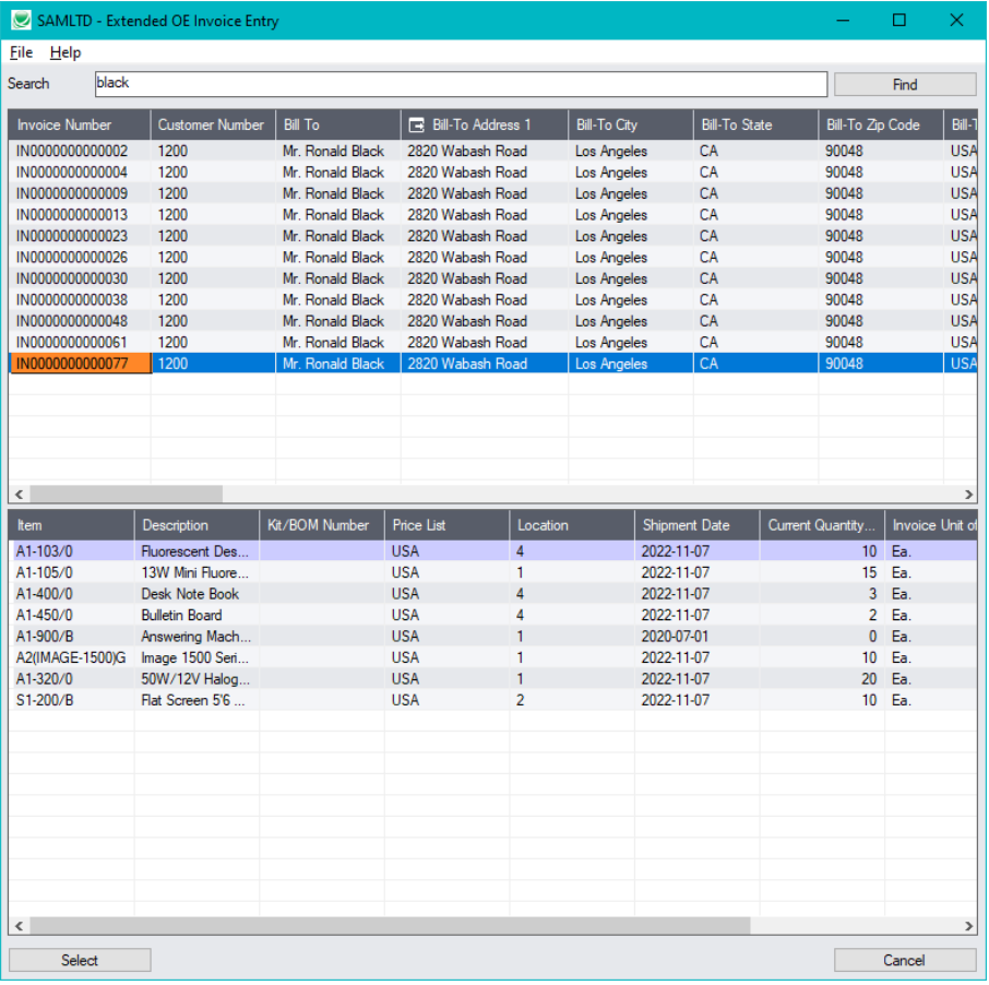 extended oe invoice screen