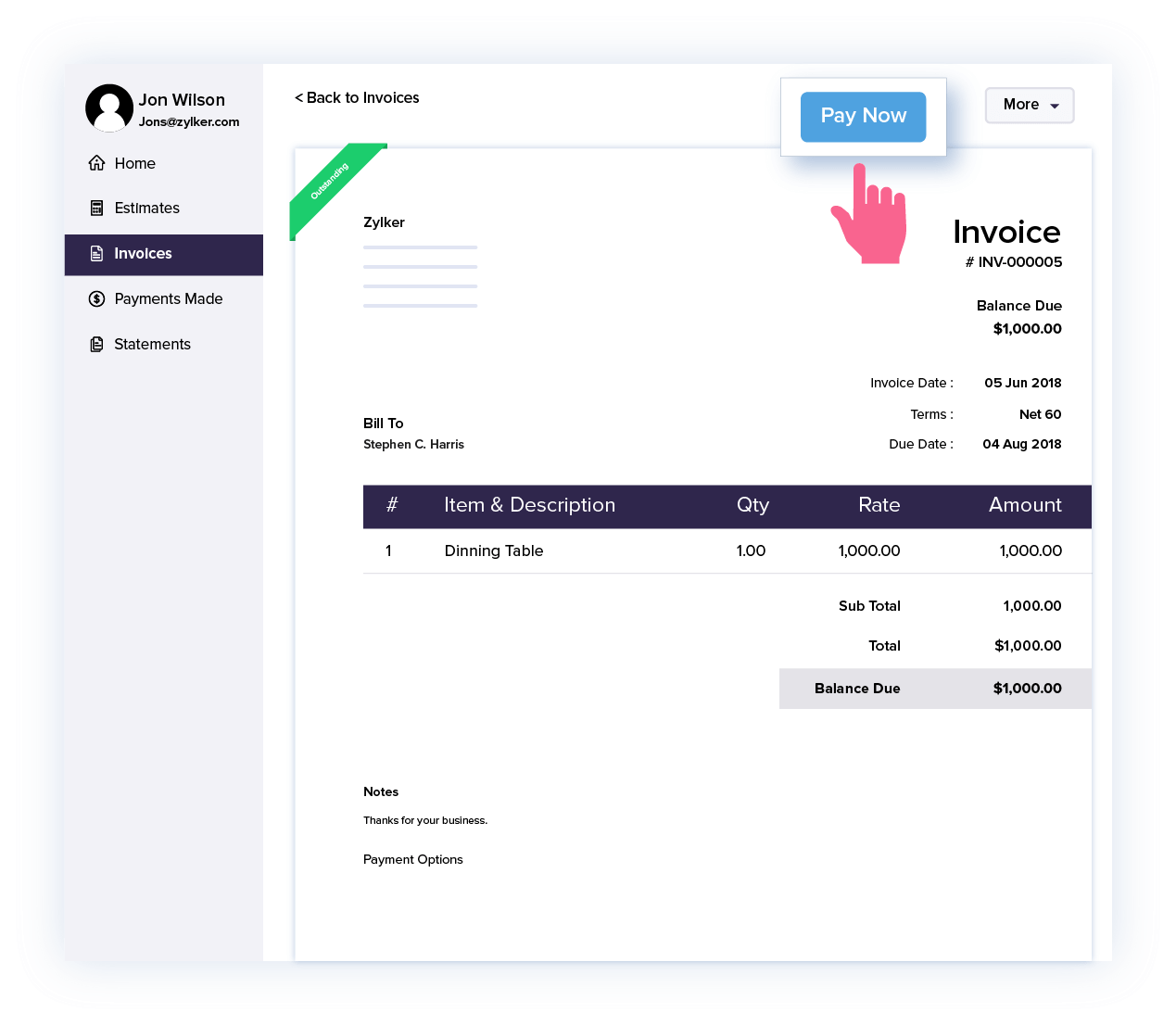 Zoho Books simplifying customer payment procedure