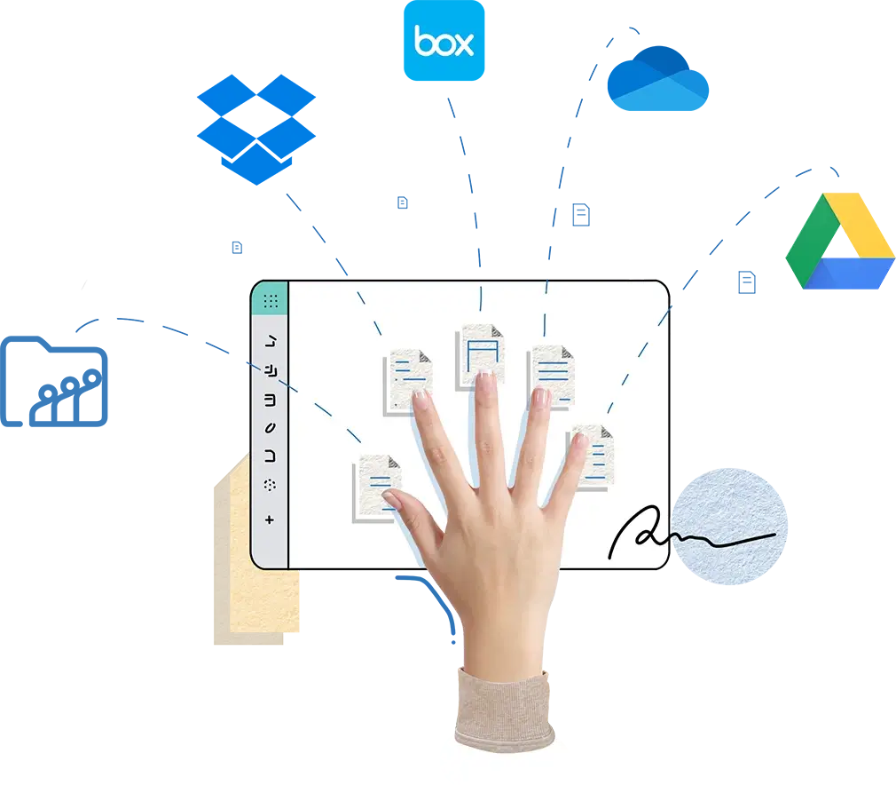 Hand over tablet with lines leading from tablet to different cloud data providers.