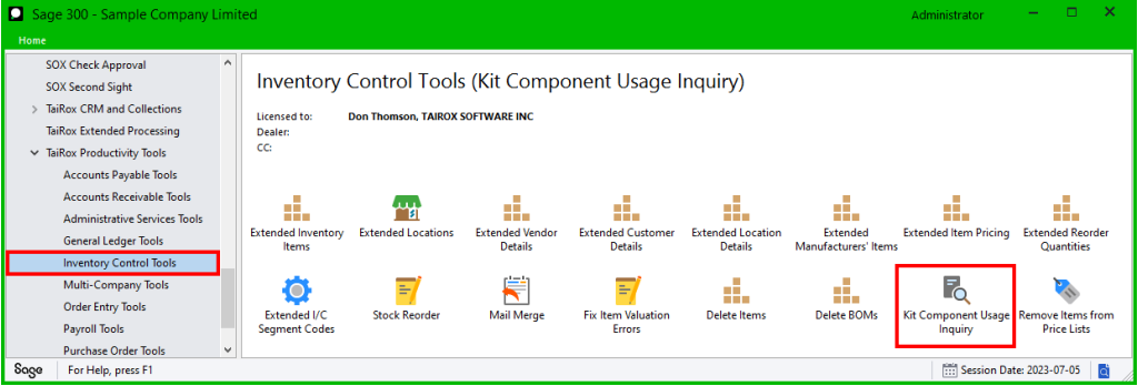 Kit Component Usage Inquiry is located under inventory control tools
