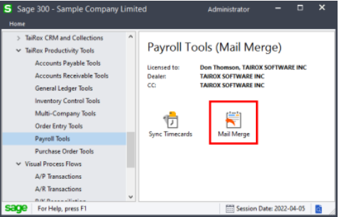 Mail merge is located under payroll tools