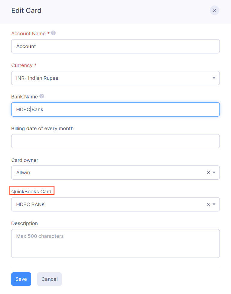 Associate a card feed in Zoho Expense with a card in QuickBooks