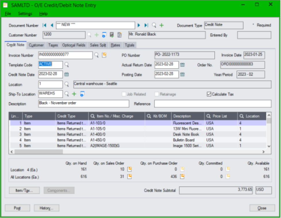 sage credit debit note screen