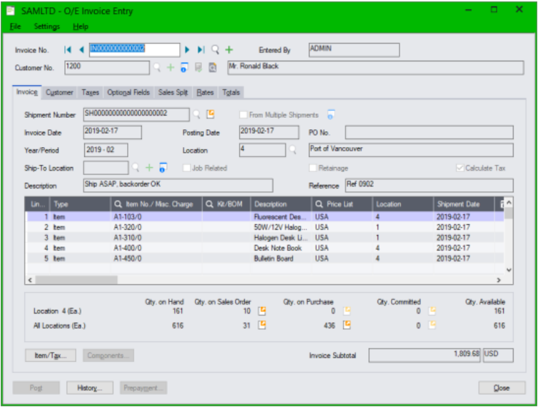 Sage Invoice Entry Screen