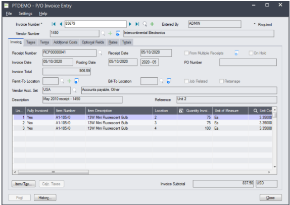 sage po invoice entry screen