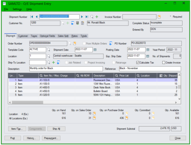 sage shipment entry screen