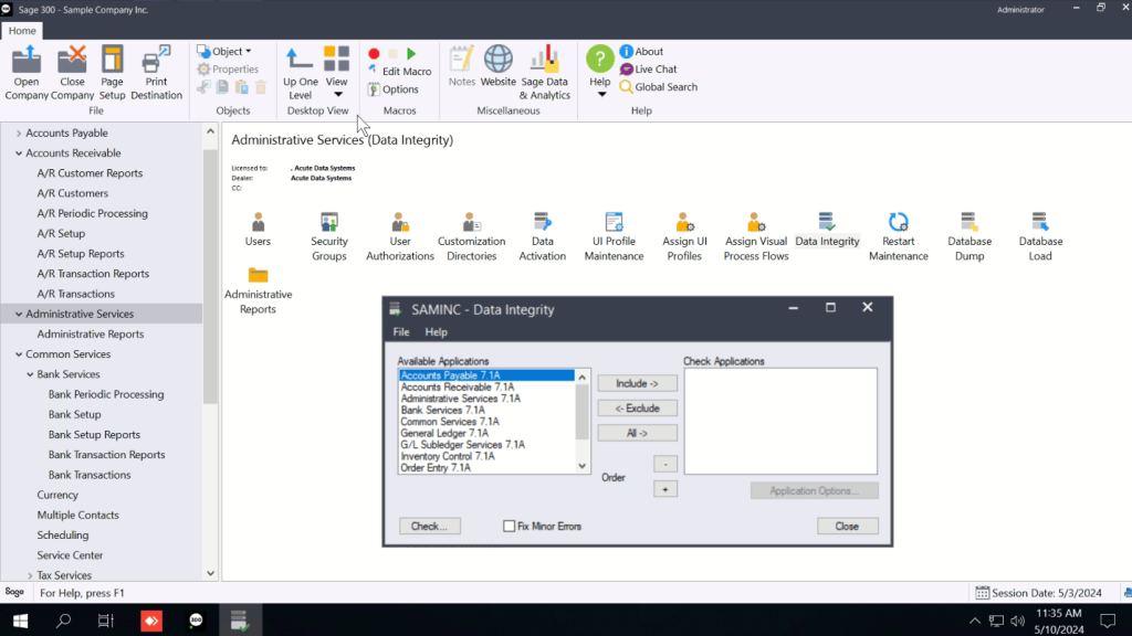 Sage 300 Data Integrity Administrative Services