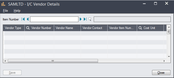 Sage I/C Vendor Details Screen