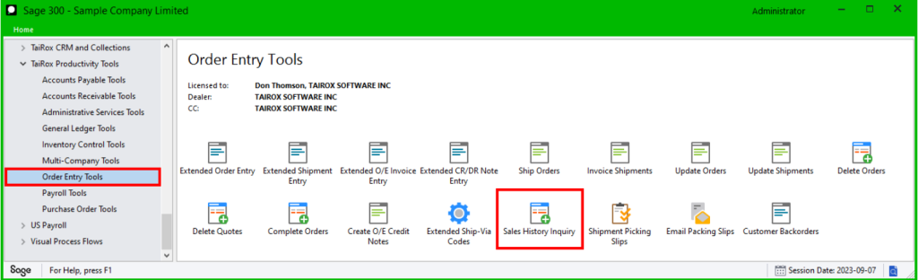 sales history inquiry is located under the order entry tools module