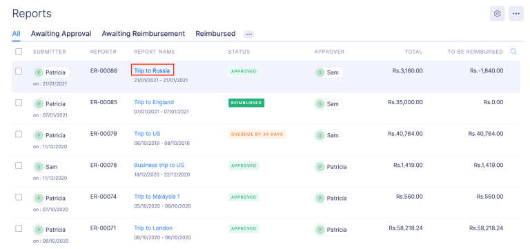 Click the approved report you want