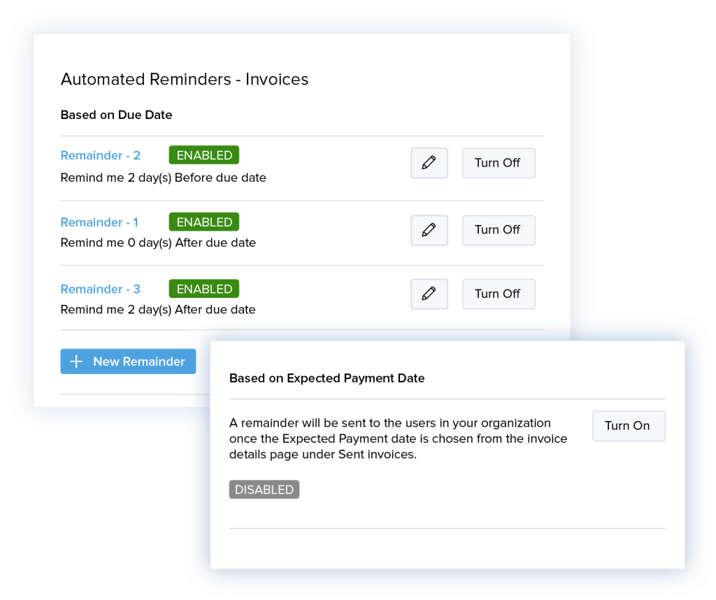 Screen of Zoho Books automated reminders