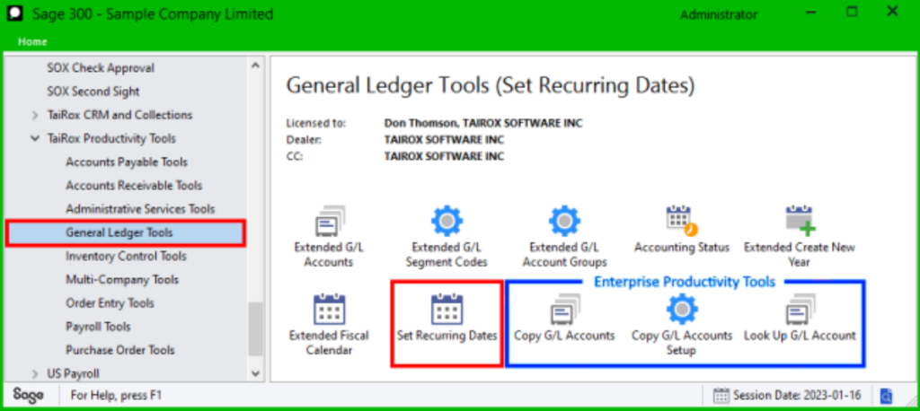set recurring locations is located under the general ledger tools module