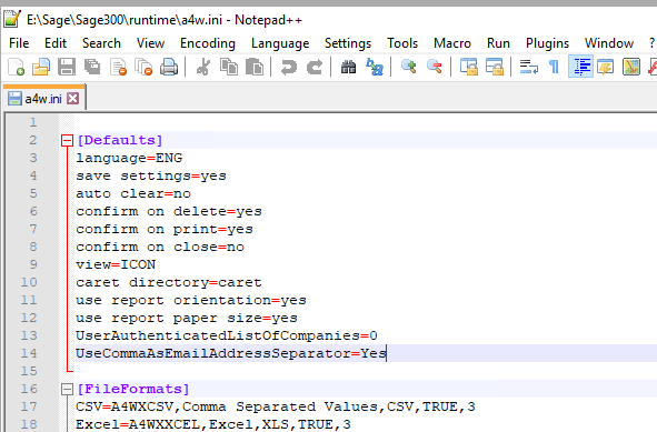Modify a4w.ini, located in Sage 300 program in runtime folder