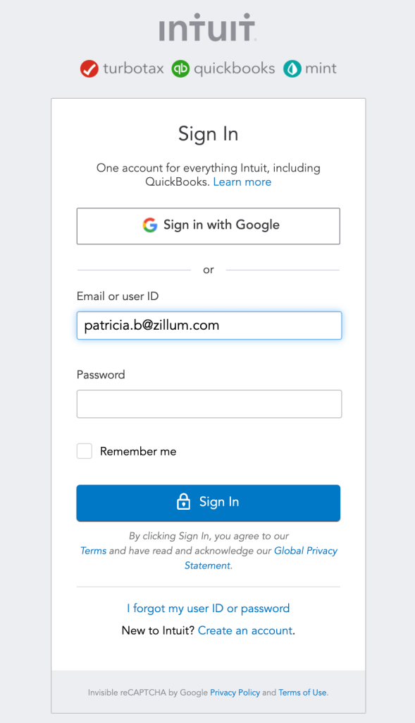 Quickbooks Sign in page
