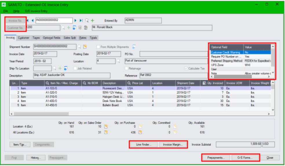 extended oe invoice entry screen