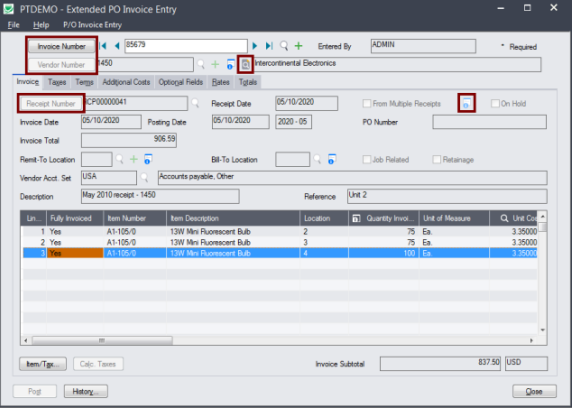 tairox extended po invoice entry screen