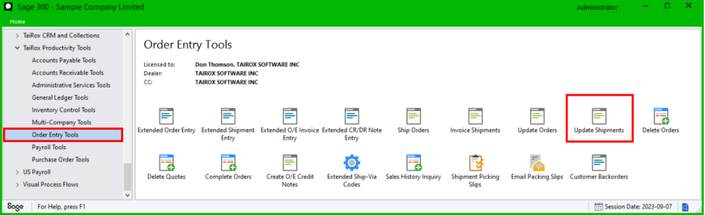 update shipment is located under the order entry tools