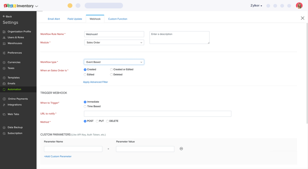 Zoho Inventory Custom Workflow