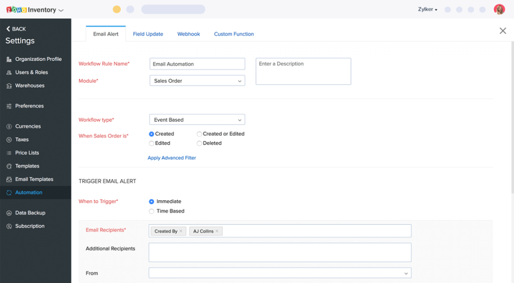 Zoho Inventory Email and Field Customization
