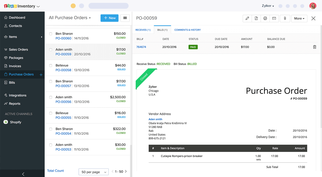 Zoho Inventory Purchase Order