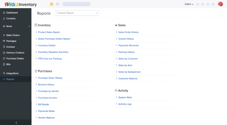 Zoho Inventory Screen