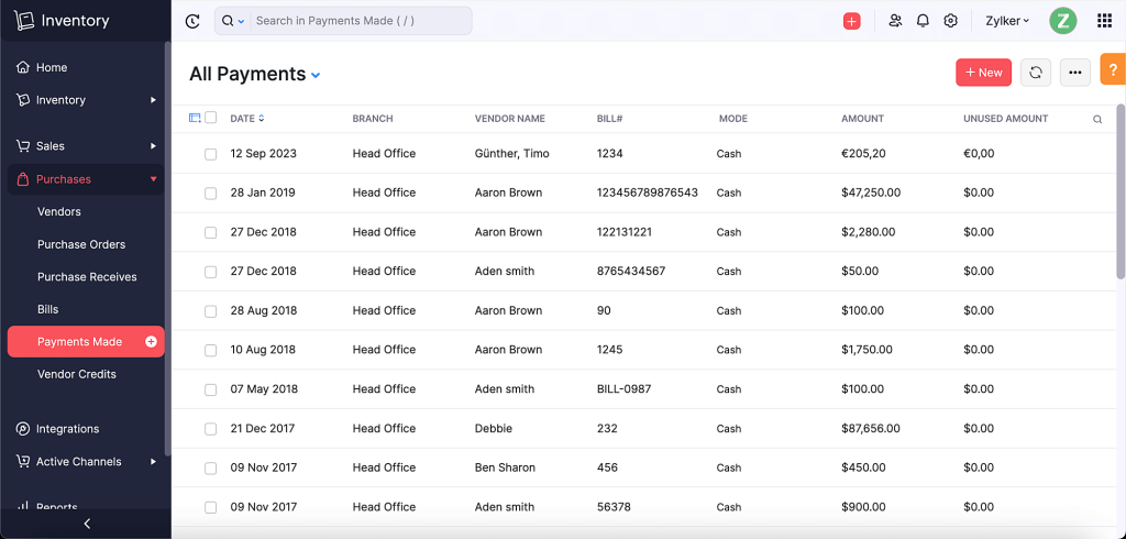 Zoho Inventory Vendor Payments