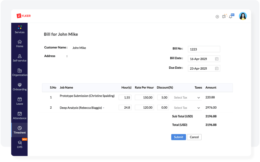 Billing in Timesheets View